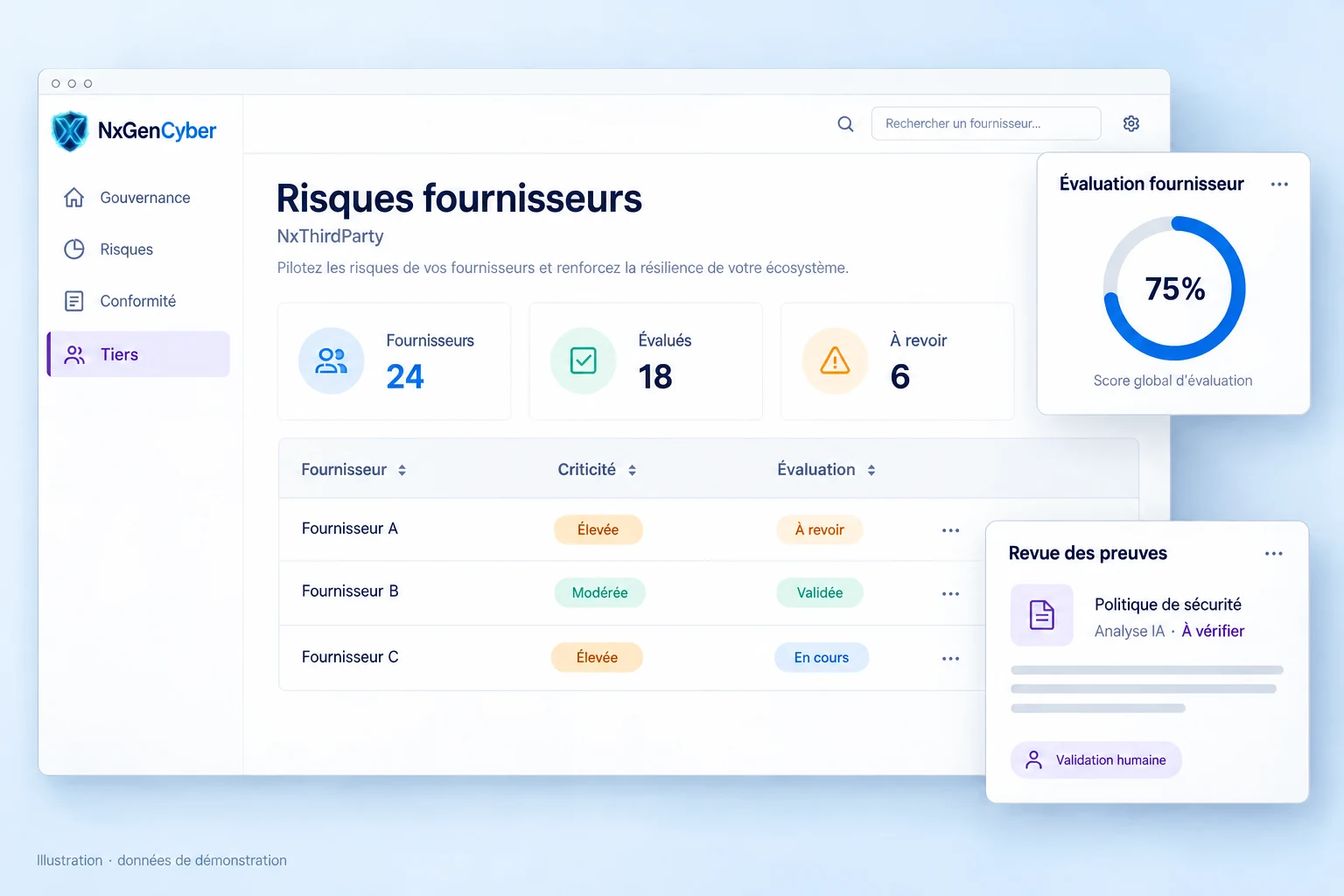 Illustration NxThirdParty : portefeuille fournisseurs, criticité et revue des preuves.